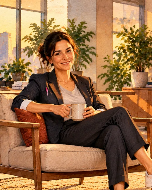 Watercolour of Alex, dark hair pinned up, in a dark trouser suit and white trainers, relaxing in an armchair with a mug of coffee in a sunlit office.