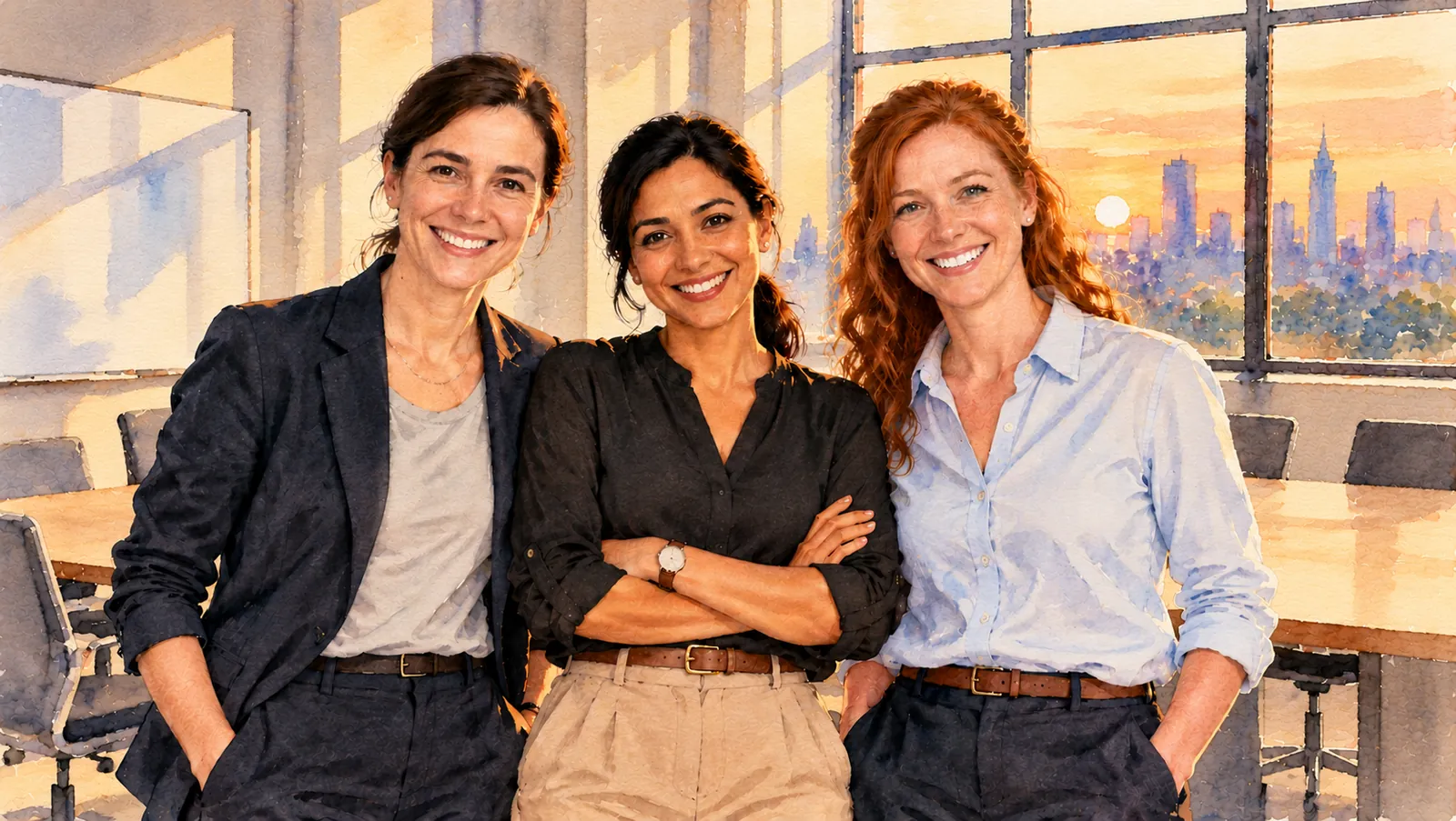 Watercolour of the three detectives side by side in a sunlit meeting room: Alex in a dark blazer, Priya with her arms folded, and Amy with long ginger hair, all smiling, a city skyline in the window behind them.