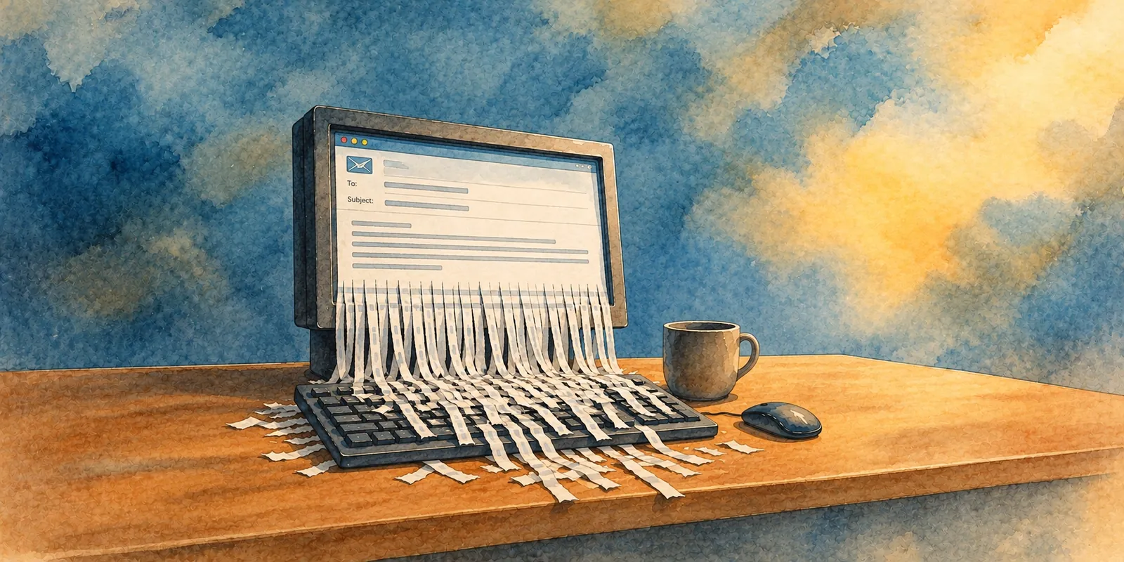 Watercolour of an old computer monitor showing an email, the screen cut into strips like paper from a shredder, spilling over the keyboard, a coffee mug and mouse beside it.