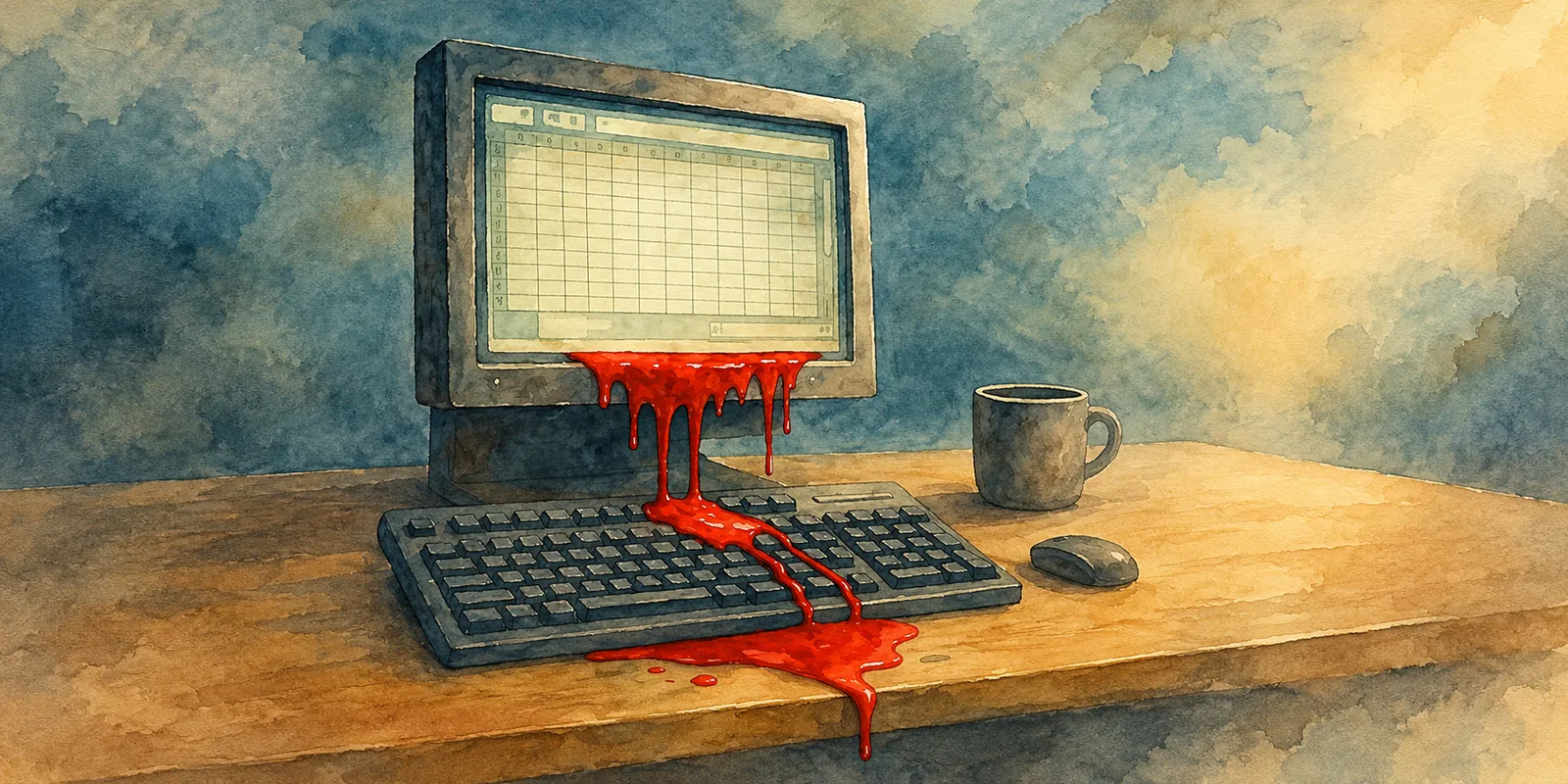 Watercolour of an old computer monitor showing a spreadsheet, with red dripping from the screen across the keyboard and off the edge of the desk, a coffee mug and mouse beside it.
