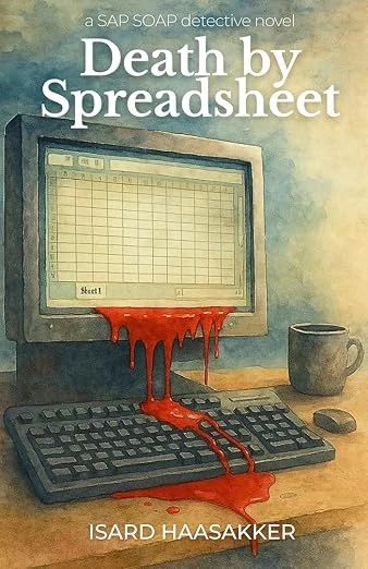 Cover of Death by Spreadsheet: an old computer monitor showing a spreadsheet, with red dripping from the screen across the keyboard, a coffee mug beside it.