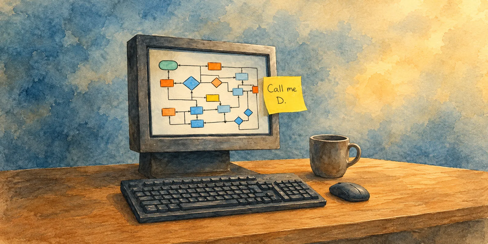 Watercolour of an old computer monitor showing a process flowchart, with a yellow sticky note on its edge reading “Call me D.”, a coffee mug and mouse on a wooden desk.