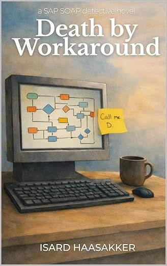 Cover of Death by Workaround: an old computer monitor showing a process flowchart, with a yellow sticky note on its edge reading “Call me. D.”, a coffee mug and mouse on the desk.