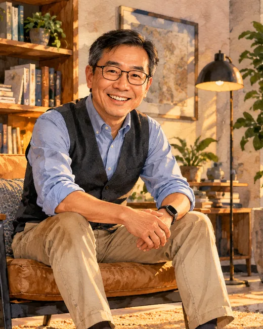 Watercolour of Eugene, short greying hair and glasses, in a dark waistcoat over a blue shirt, smiling in a leather armchair in front of a bookcase.