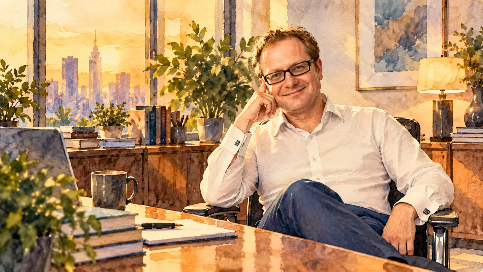 Watercolour of Isard Haasakker in glasses and an open-necked white shirt, no tie, smiling with his hand to his temple, seated at a wooden desk with books, a notebook and a coffee mug, a city skyline in the window behind him.