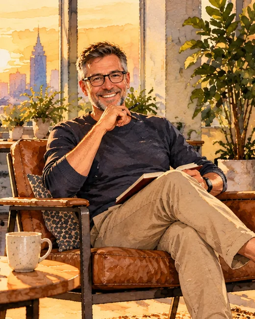 Watercolour of Max, greying hair and glasses, in a dark jumper and chinos, smiling in a leather armchair with a book on his knee, a whiteboard of process diagrams behind him.