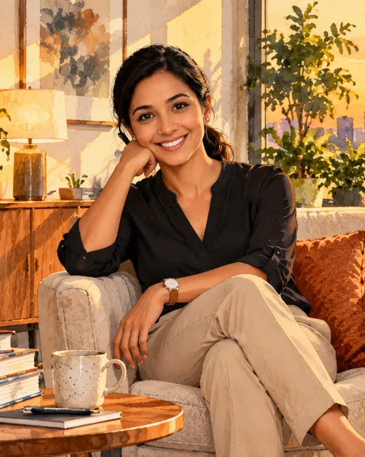 Watercolour of Priya, dark hair tied back, in a black blouse and beige trousers, smiling in an armchair with her chin on her hand, a whiteboard of sticky notes behind her.