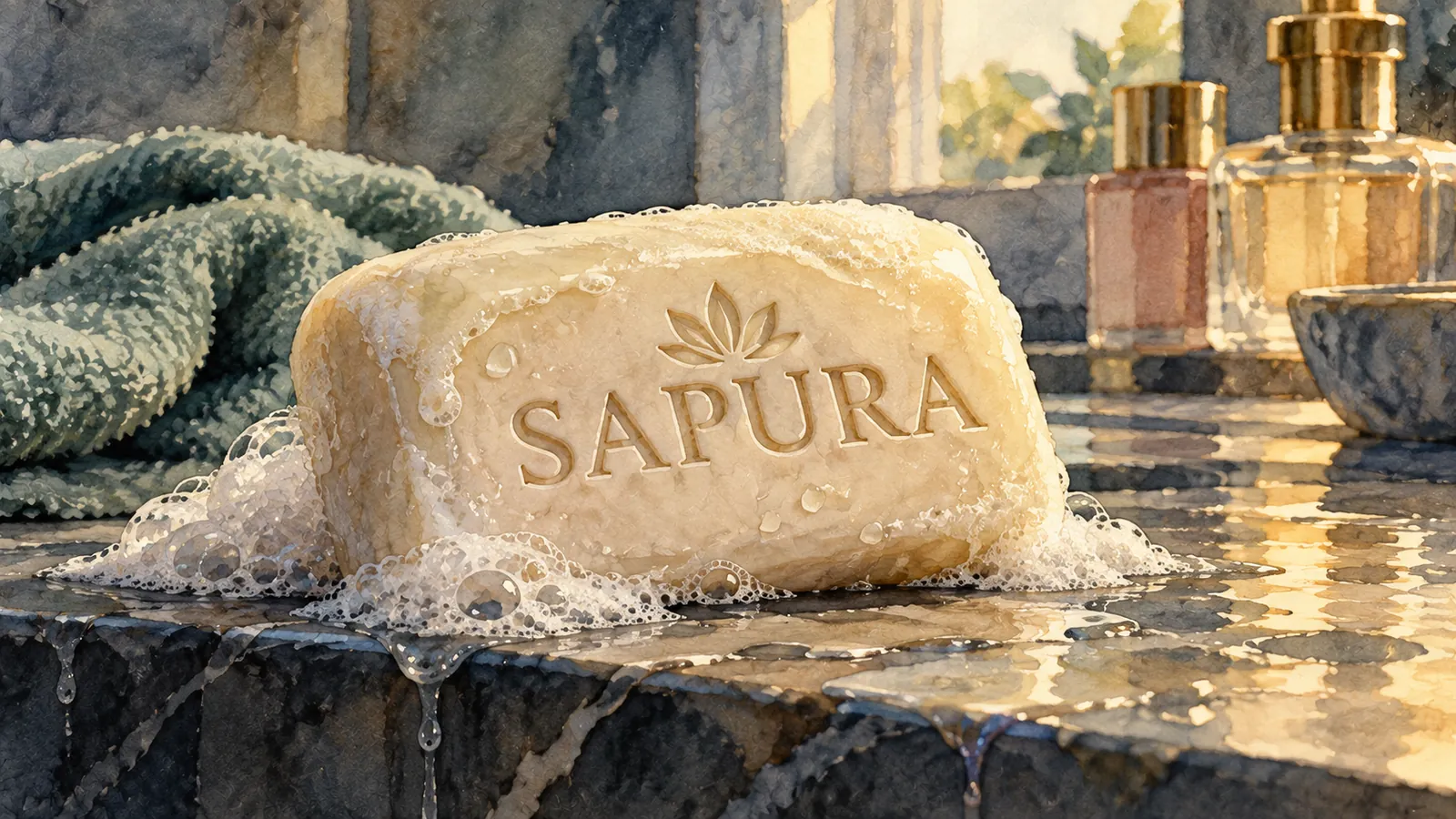 Watercolour of a lathered bar of soap stamped with a leaf and the name SAPURA, on a wet stone ledge beside a folded towel and glass perfume bottles.